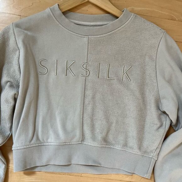 SilkSilk Cotton Blend Mixed Media Cropped Graphic Crewneck Sweatshirt in Tan 6 N - Picture 9 of 16
